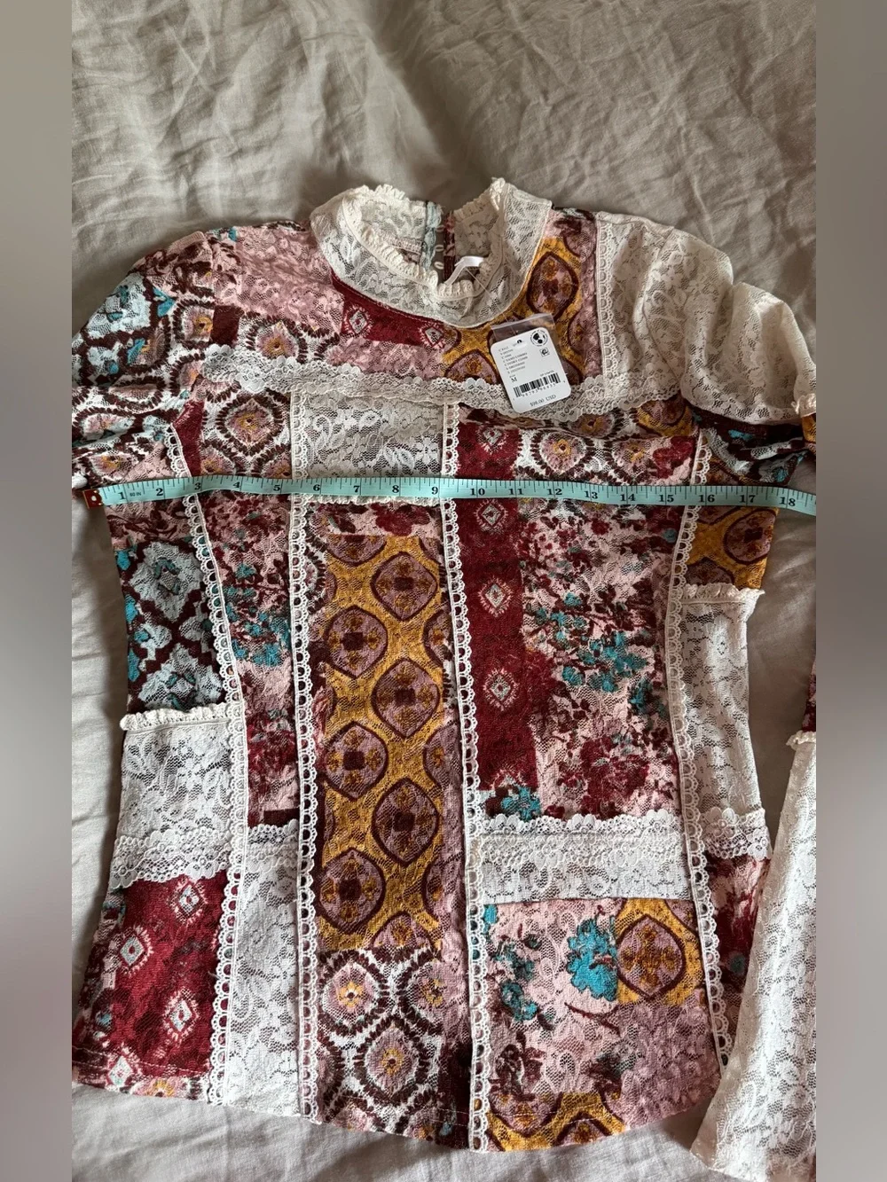 Free People Patchwork Lace Trim Long-Sleeve Blouse in Multi-Color